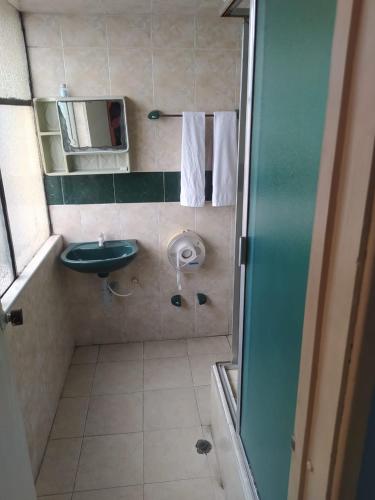 a small bathroom with a sink and a mirror at Hotel Cristals Centro Bogota Estacion las Nieves Calle 18 numero 10 65 in Estación El Salto
