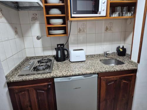 a small kitchen with a stove and a sink at Colorina Bariloche en edificio Bariloche Center in San Carlos de Bariloche