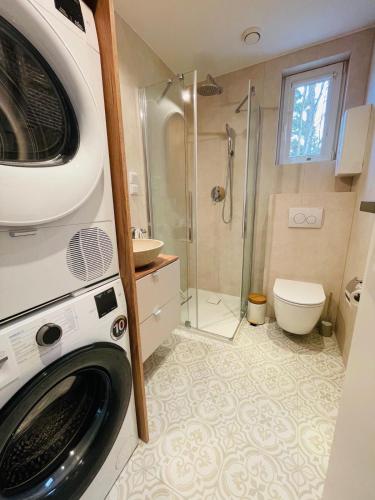a bathroom with a washing machine and a shower at Oaza Jeziorak in Siemiany