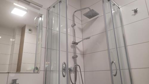 a bathroom with a shower with a glass door at Przestronny Apartament typu Studio, GARAŻ W CENIE in Wrocław