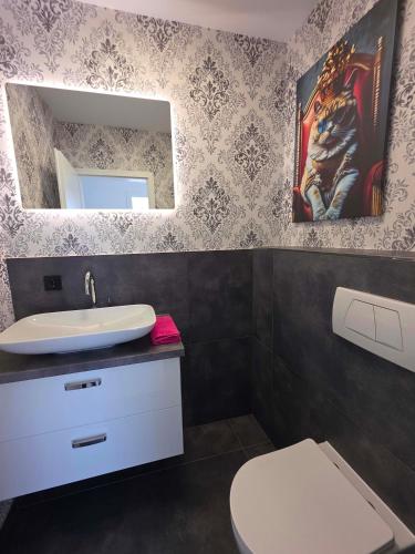 a bathroom with a toilet and a sink and a mirror at Ferienwohnung Groß-Umstadt in Groß-Umstadt
