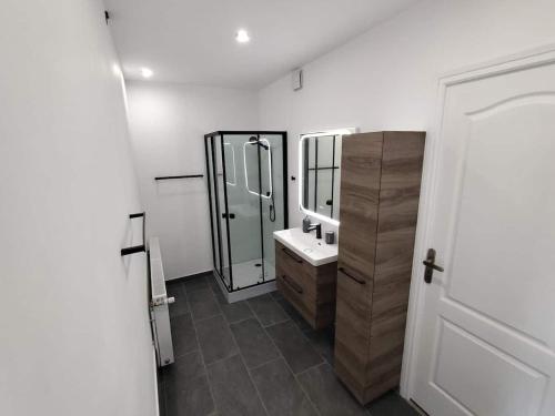 a bathroom with a sink and a mirror at La Ronce maison d hote - piscine SPA in Rouvres