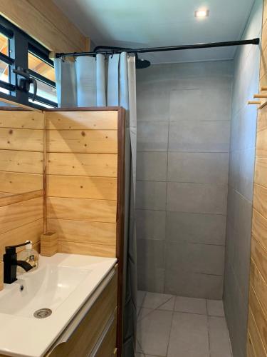 a bathroom with a shower and a sink at Fare Teimana Vaianae in Vaianae