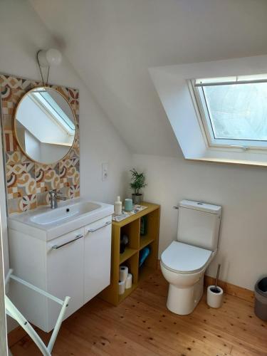a bathroom with a toilet and a sink and a mirror at Gîte Baumelin près de Dinan in Guenroc