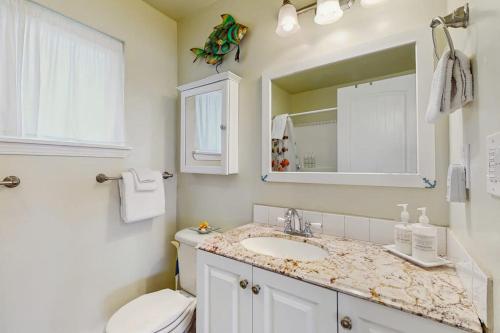 a bathroom with a sink and a toilet and a mirror at Oceanfront Beauty in Blaine