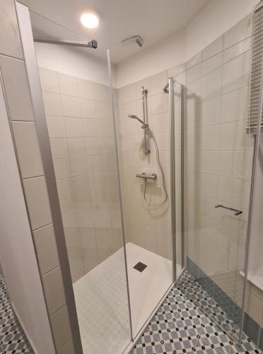 a shower with a glass door in a bathroom at Auberge de l'Etoile in Vignory