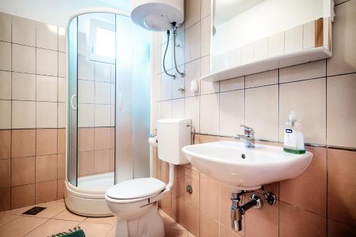 a bathroom with a toilet and a sink and a shower at Apartments Bruna in Lastovo