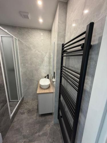 a bathroom with a sink and a shower at Váš domov v Kruškách in Rotava