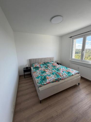 a bedroom with a bed in a room with a window at Váš domov v Kruškách in Rotava