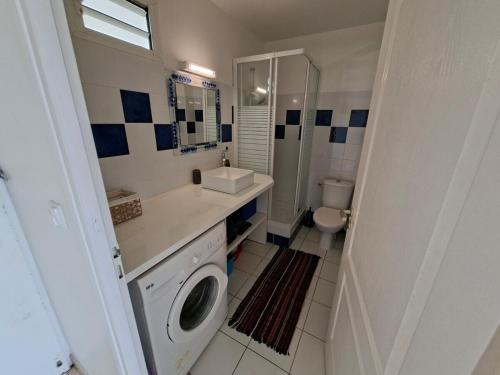 a bathroom with a sink and a washing machine at Studio vu sur les caraïbes in Les Trois-Îlets