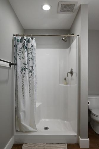 a shower with a shower curtain in a bathroom at Ottawa Family Nest in Ottawa