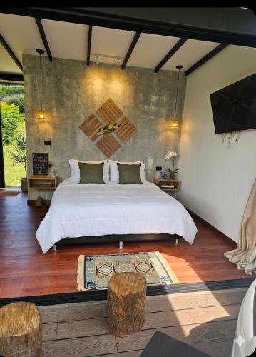 a bedroom with a large bed and a tv at Equilibrium glamping in Guarne