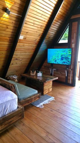 a bedroom with a bed and a television in a attic at Cumbre Verde Alpine Villa in Monción