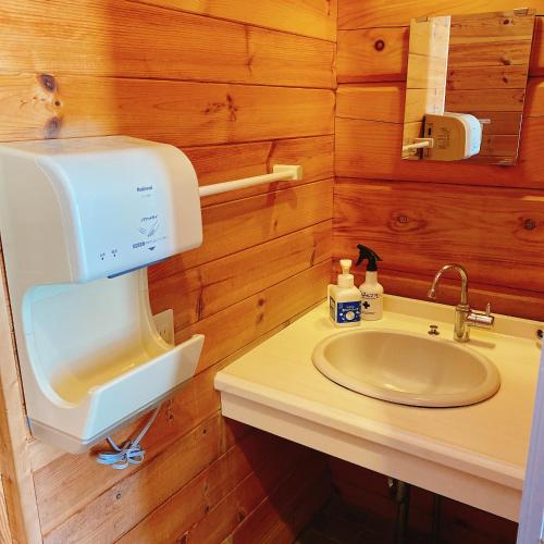 a bathroom with a sink and a mixer at Yubari Forest Farm BandB in Yubari