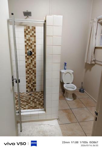a bathroom with a shower with a toilet at 4 Houtjies verblyf in Orania