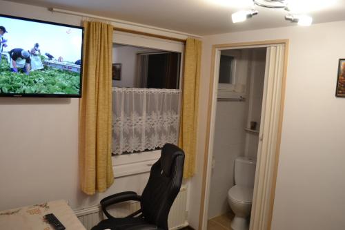 a room with a tv and a chair and a toilet at Pension Haus Rohrmoser in Annaberg im Lammertal