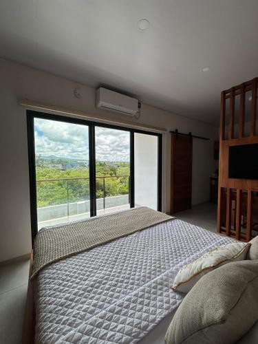 a bedroom with a bed and a large window at Roys Suites Galapagos in Puerto Ayora