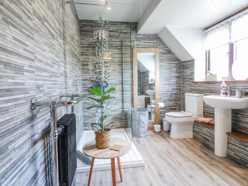 a bathroom with a toilet and a sink at Fields Farm in Draycott in the Moors