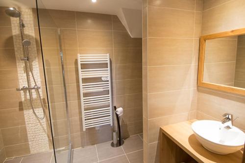 a bathroom with a shower and a sink at De Gouden Klokke in Avelgem