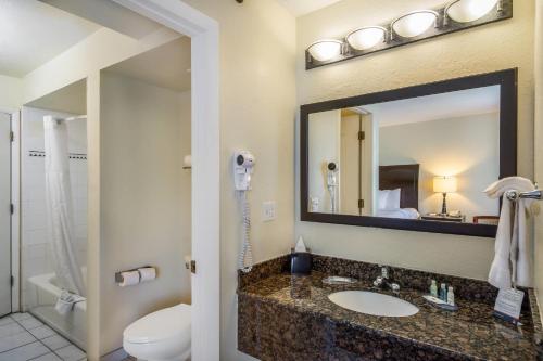 a bathroom with a sink and a toilet and a mirror at Clarion Inn & Suites Central Clearwater Beach in Clearwater