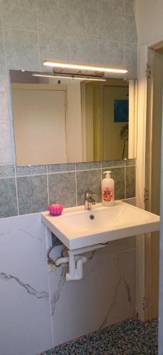 a bathroom with a sink and a mirror at Belle chambre 2 in Seraing