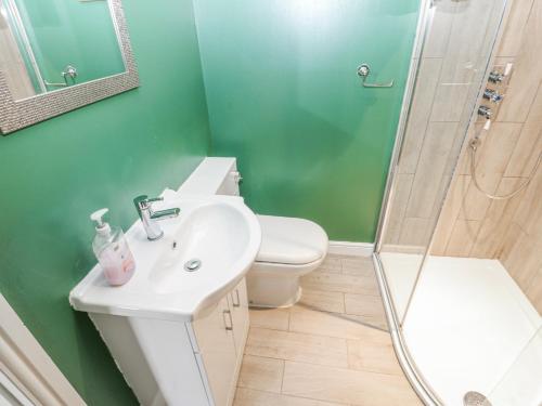 a bathroom with a toilet and a sink and a shower at The Granary in Ripon