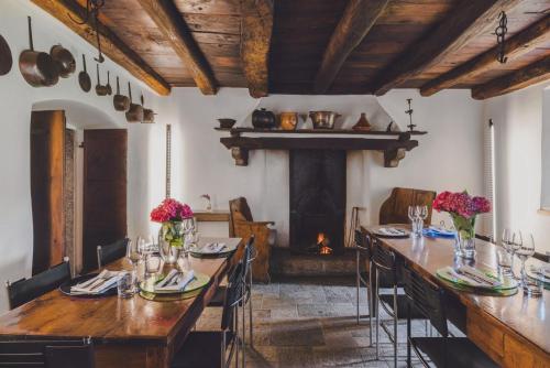 a dining room with a long table and a fireplace at Ecovillage Sanctuary Bordei in Palagnedra