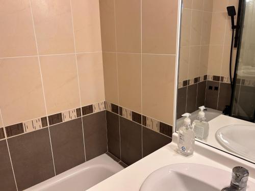 a bathroom with a sink and a tub and a mirror at T2 POMPERTUZAT Calme avec parking in Pompertuzat