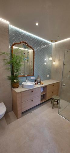 a bathroom with a sink and a mirror at Johler Appartements in Bezau