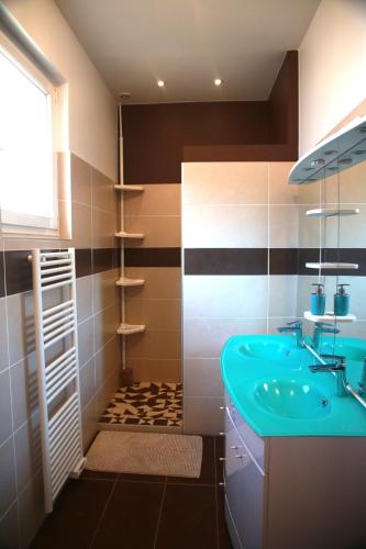 a bathroom with a blue sink and a shower at Maison de vacances, centre ville Gambetta in La Teste-de-Buch
