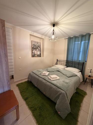 a bedroom with a large bed with a green rug at To Petrino apartment in Kyparissia