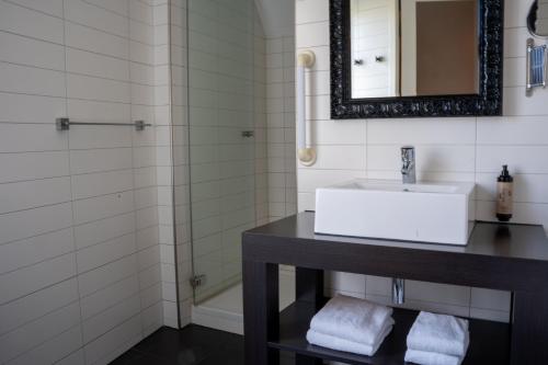 a bathroom with a sink and a mirror at Havezathe Carpe Diem in Vethuizen