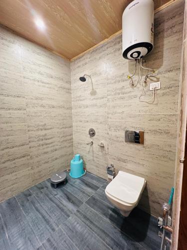 a bathroom with a toilet and a shower at Tirthan Villa Homestay in Banjār