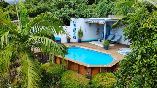 an overhead view of a house with a swimming pool at Chez Evelyne et Thierry in Saint-Leu