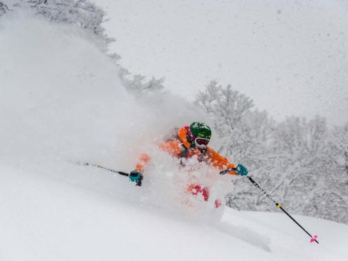 a person is skiing down a snow covered slope at Higashikawa Asahidake Onsen Hotel Bear Monte in Higashikawa