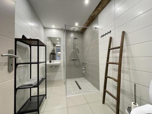 a bathroom with a shower with a glass door at Elizetxea in Larceveau-Arros-Cibits