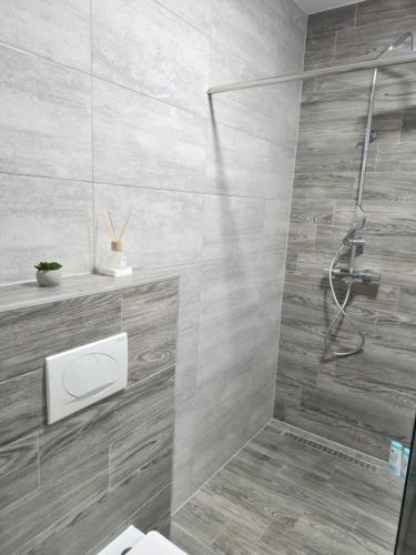 a bathroom with a shower and a toilet at Apartman Milos in Modriča