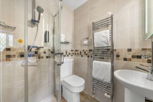 a bathroom with a toilet and a sink and a shower at The Throckmorton in Alcester