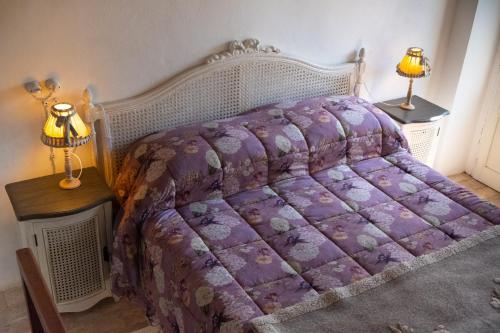a bedroom with a bed with a purple comforter at Casa Torre Adults Only storia e relax a Fiorenzuola in Fiorenzuola di Focara