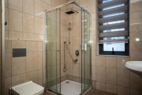 a bathroom with a shower with a toilet and a sink at Legacy Square by QUAO REALTY in East Legon