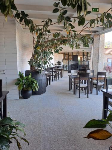 a restaurant with tables and chairs and potted plants at Casa D`Auleira in Ponte da Barca