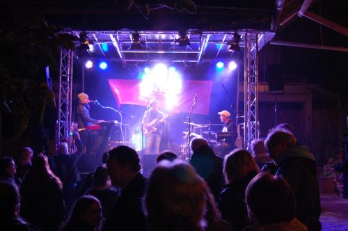 a crowd of people watching a band on a stage at HEINRICHs winery bed & breakfast in Langenlonsheim