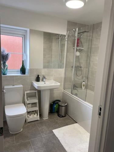 a bathroom with a toilet and a sink and a shower at Quiet double bedroom in Yapton