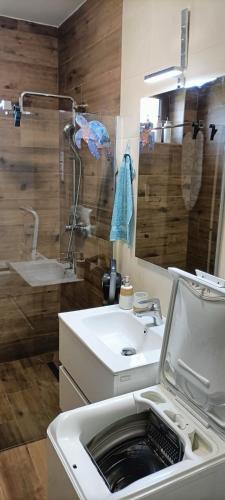 a bathroom with a white sink and a mirror at Múzsa Apartman in Siófok