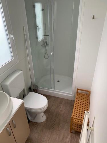 a white bathroom with a shower and a toilet at Løgballe Camping & Cottages in Stouby