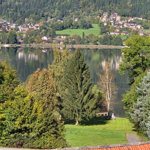 a view of a lake with trees and houses at Merlschober, Ferienwohnung 3, Ossiacher See in Ossiach