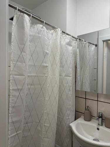 a bathroom with a shower curtain and a sink at Cozy Apartment in Nørresundby