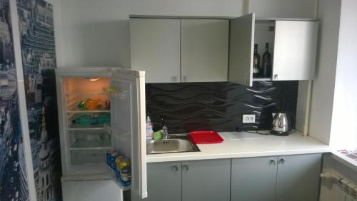 a small kitchen with a sink and a refrigerator at Apartment in Balti in Bălţi