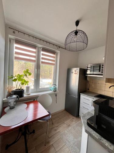 a kitchen with a table and a refrigerator at Apart Konopnicka in Augustów