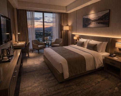 a hotel room with a large bed and a desk and a table at Amiron Hotel in Dushanbe